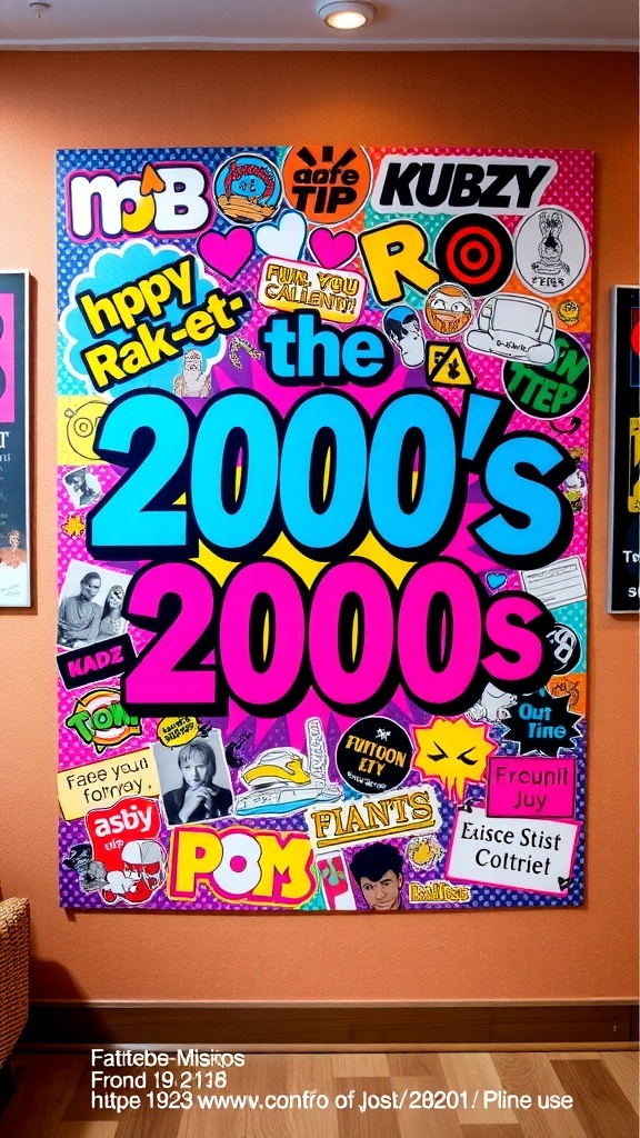 A colorful 2000s style poster with bold graphics and nostalgic imagery.